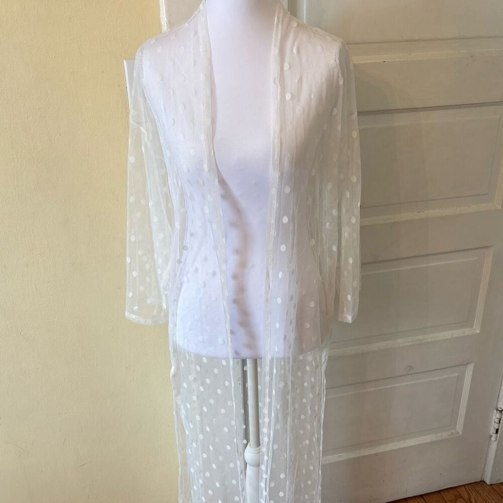 Woman's mesh duster cardigan cardi white ivory pooka dot summer bathing suit NEW